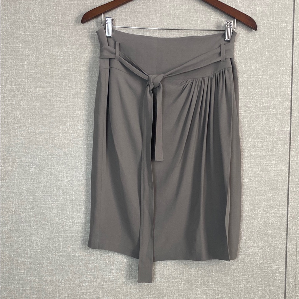 Eileen Fisher Gray Silk Georgette Crepe Tie Draped Faux Wrap Knee Skirt